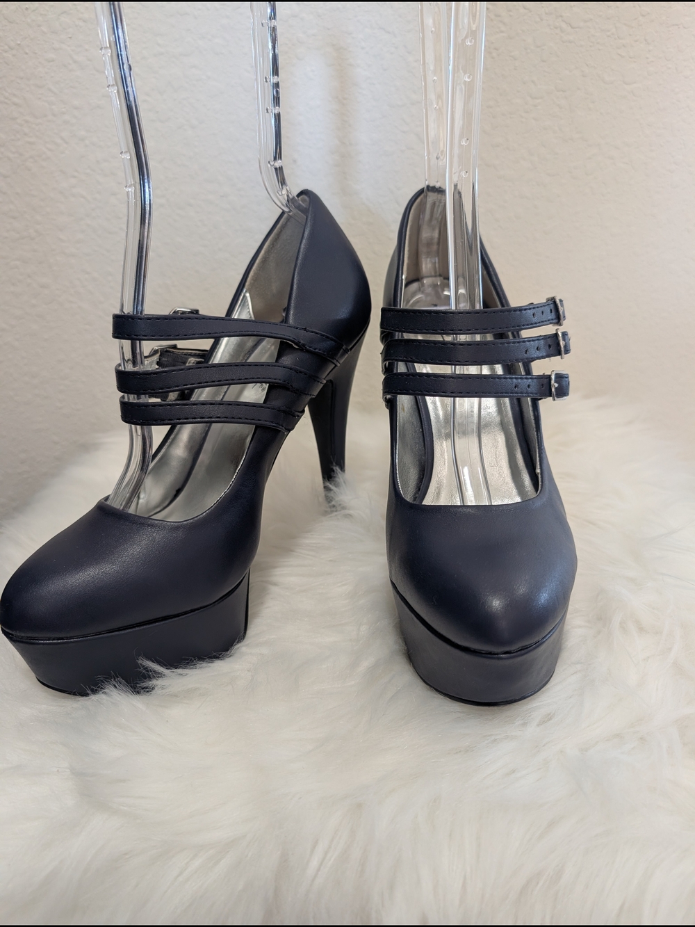 Womens Navy Platform Mary Jane Heels